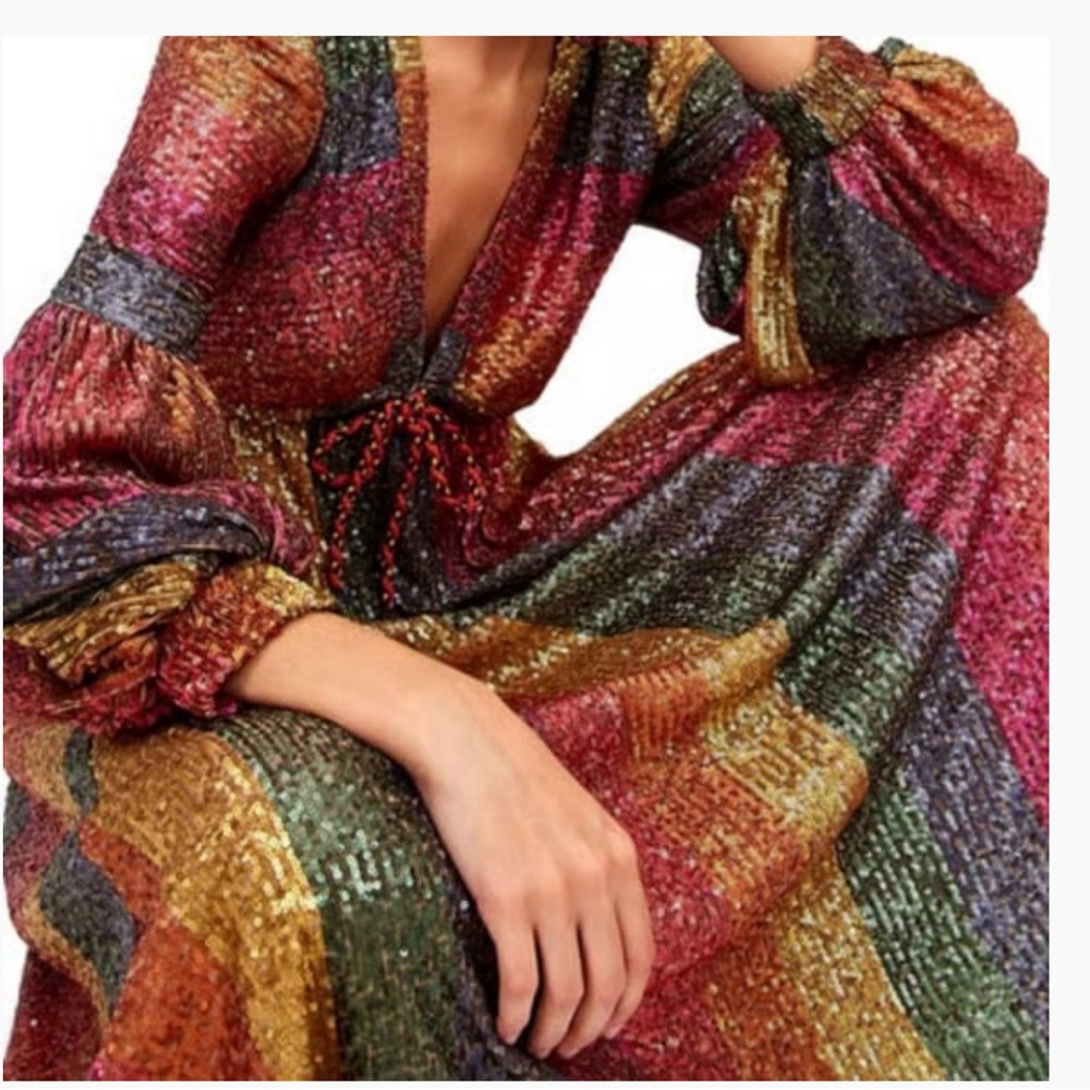 Farm Rio Stunning Rainbow Sequin Midi Dress Size Extra Small - Picture 2 of 6